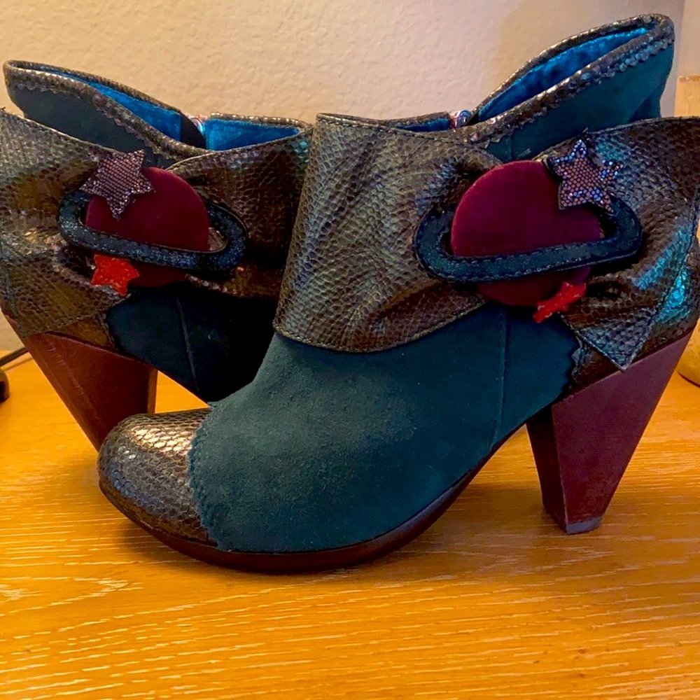 Irregular Choice bootie, Dark Green suede with multicolor trim.